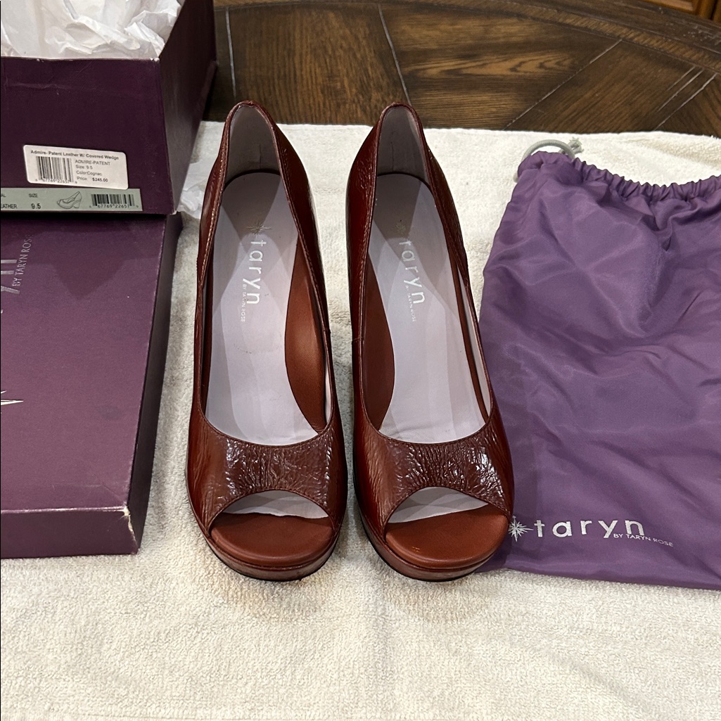 Taryn Rose Admire Patent Leather Wedge In Cognac